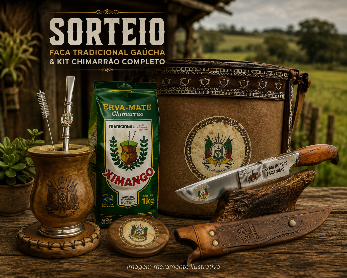 Faca tradicional gaúcha com bainha de couro ao lado de cuia, bomba e erva-mate do kit chimarrão